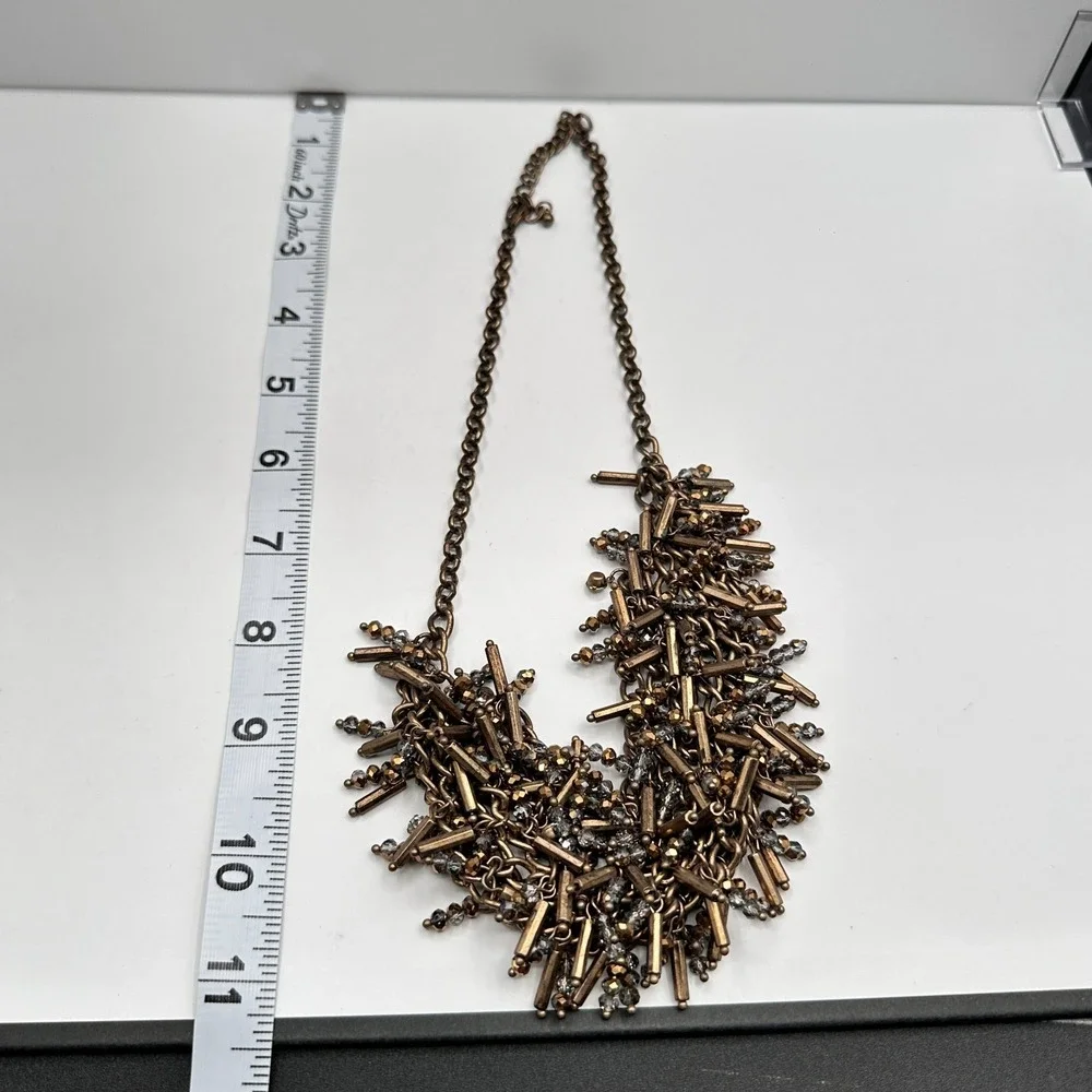 Vintage 90s Bronze Bib Necklace Glass Bead Tassel Fringe Statement Piece